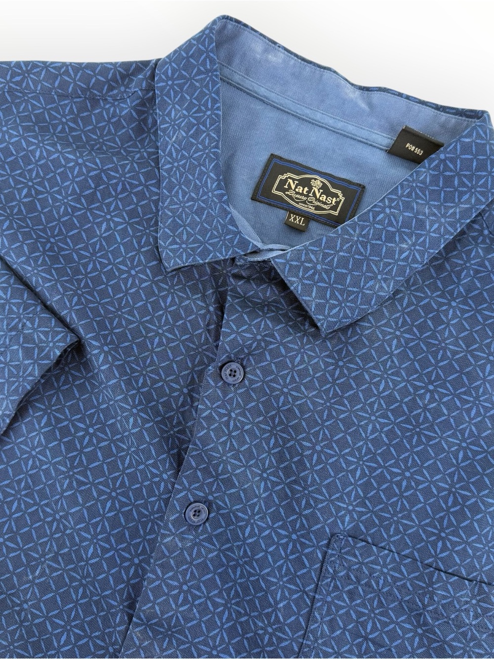 Nat Nast Luxury Originals Shirt Mens XXL Blue Geometric Silk Cotton Camp SS